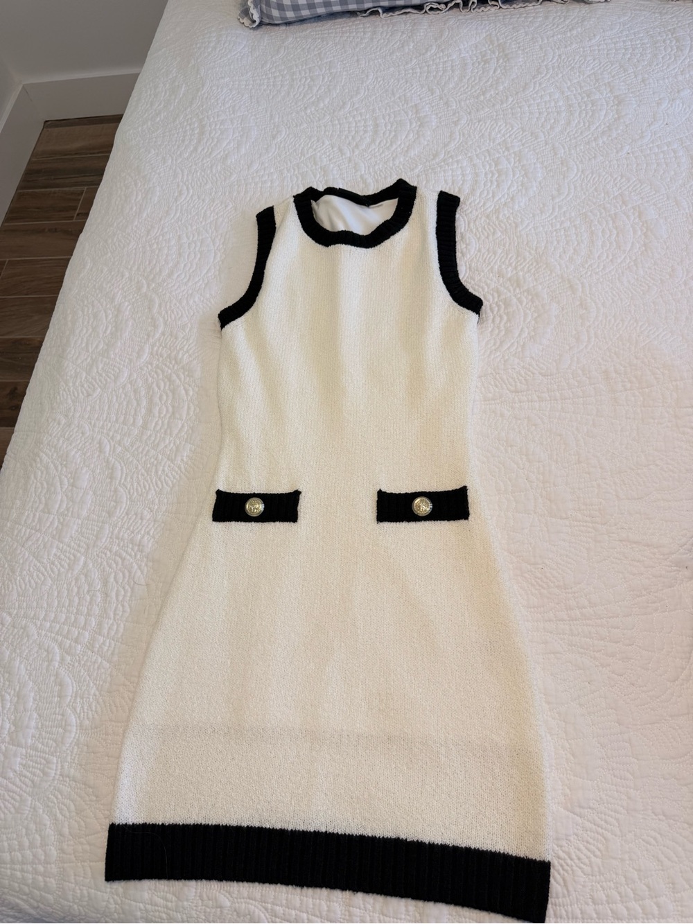 Vici White Knit Sleeveless Shift Dress with Black Trim